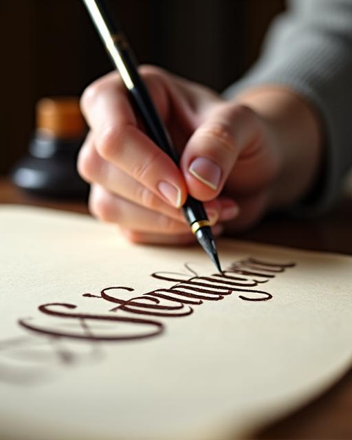 Detalle de una mano escribiendo caligrafía con pluma y tinta.
