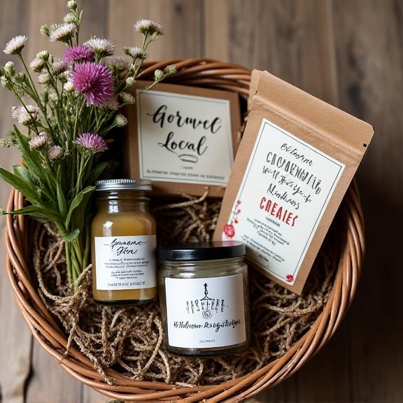 Cesta de regalo con un pequeño ramo, una vela y una tarjeta caligrafiada.